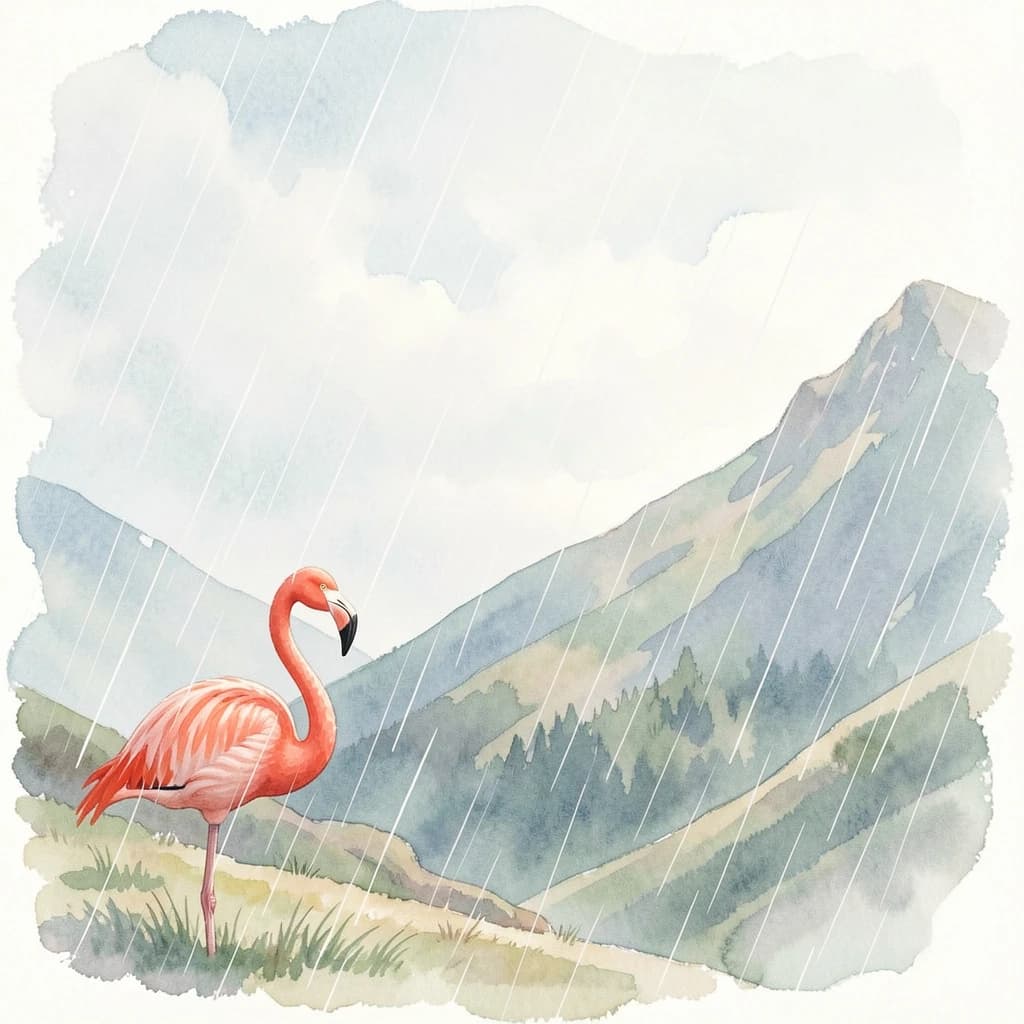flamingo, mountain ridge, light rain, off-center framing with negative space, watercolor, soft edges