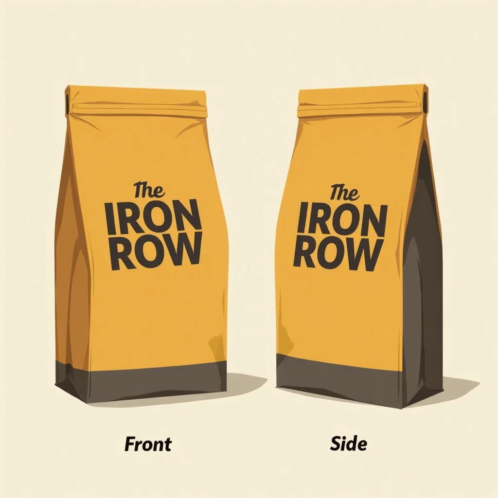 Flat vector illustration of the same coffee bag drawn in two views, captioned "front" and "side", every view carrying the wordmark "The Iron Row" in the same mustard-and-charcoal coloring, only the angle changing.