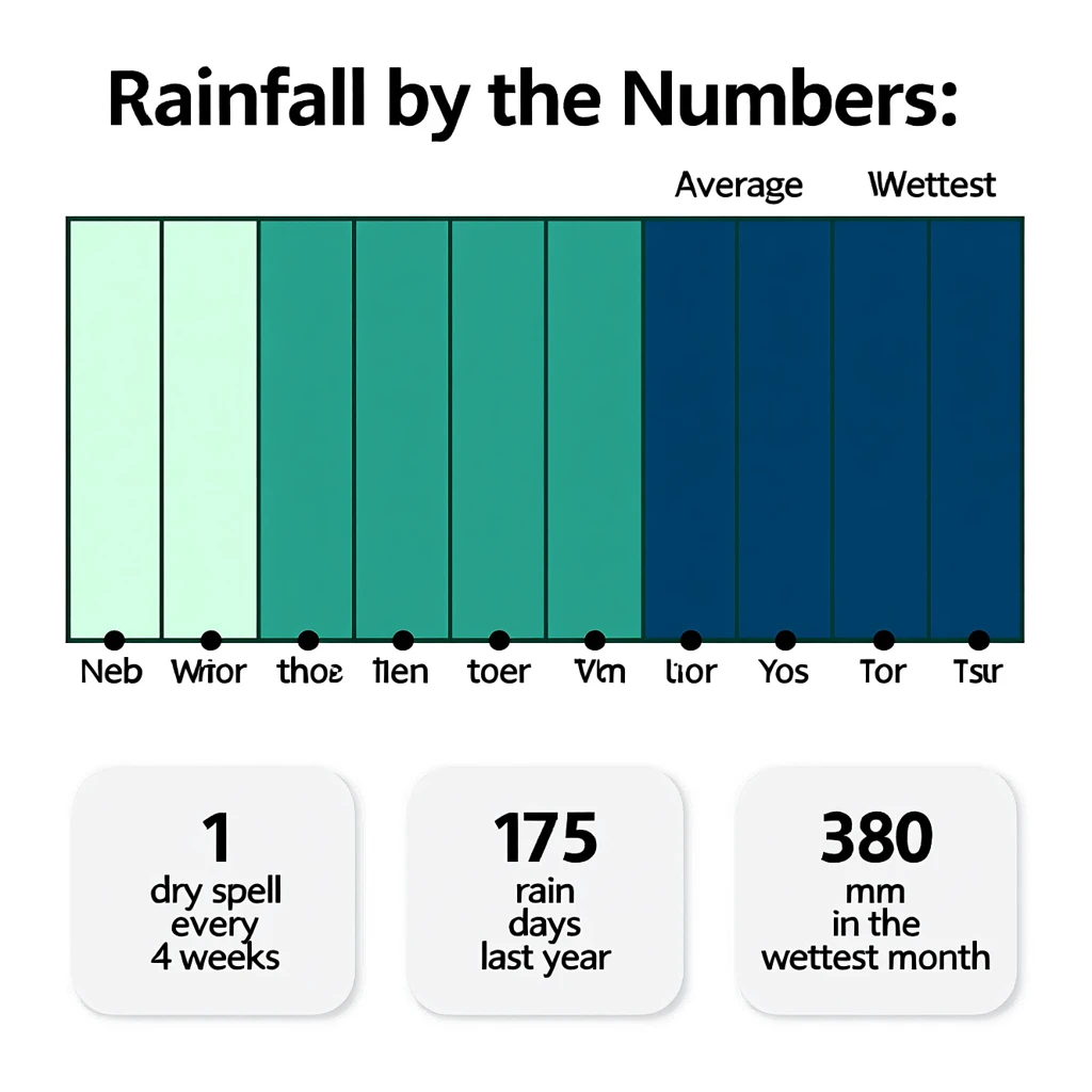 Flat infographic titled "Rainfall by the Numbers": at the center a twelve-month rainfall timeline, carrying two keyed regions, "Average" shaded pale green and "Wettest" shaded dark blue, beside a bottom row of three stat chips reading "1 dry spell every 4 weeks", "175 rain days last year" and "380mm in the wettest month".