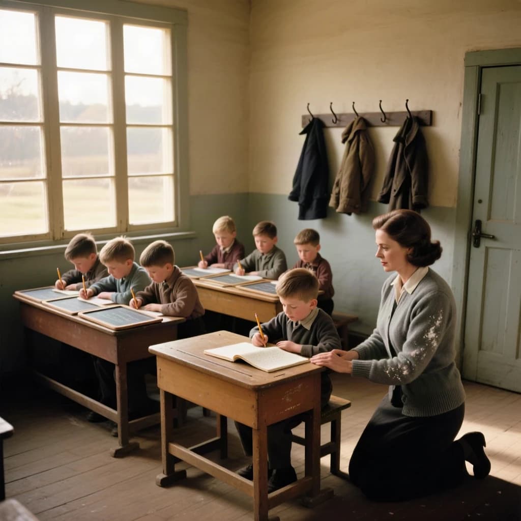 Documentary photograph inside a 1961 rural schoolhouse, late afternoon sun through tall windows. Twelve pupils at six shared wooden desks, two to a desk: the four in the window row copy from slates, the four in the middle row have open exercise books, the four along the back wall are turned around watching. The teacher, a woman in a grey cardigan with chalk dust on her sleeve, kneels beside the desk nearest the door, one hand steadying a boy's pencil. Four wall hooks behind her hold three coats, the middle hook bare. Warm dust in the light, fine grain, nobody posing.