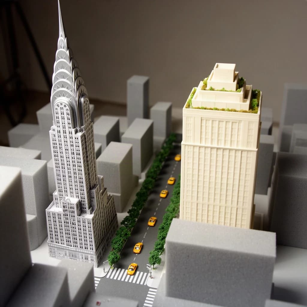 Tilt shift photograph of a hand built architectural scale model of a Midtown Manhattan block, studio lit from the upper left.
The Chrysler Building stands on the corner in polished silver card with its stepped crown and triangular windows. Directly across the street sits a proposed cream limestone tower, two floors shorter, topped by a stepped roof garden. Between them four smaller grey massing blocks in plain foam. Six tiny yellow cabs on the avenue, three stopped at the crossing and three queued behind, with a line of green model trees down the median.