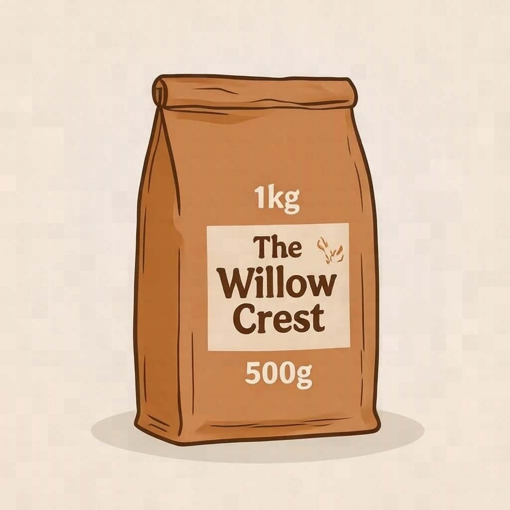 Flat vector illustration of the same coffee bag drawn in three sizes, captioned "1kg", "500g" and "250g", every size carrying the wordmark "The Willow Crest" in the same orange-and-brown coloring, only the bag size changing.