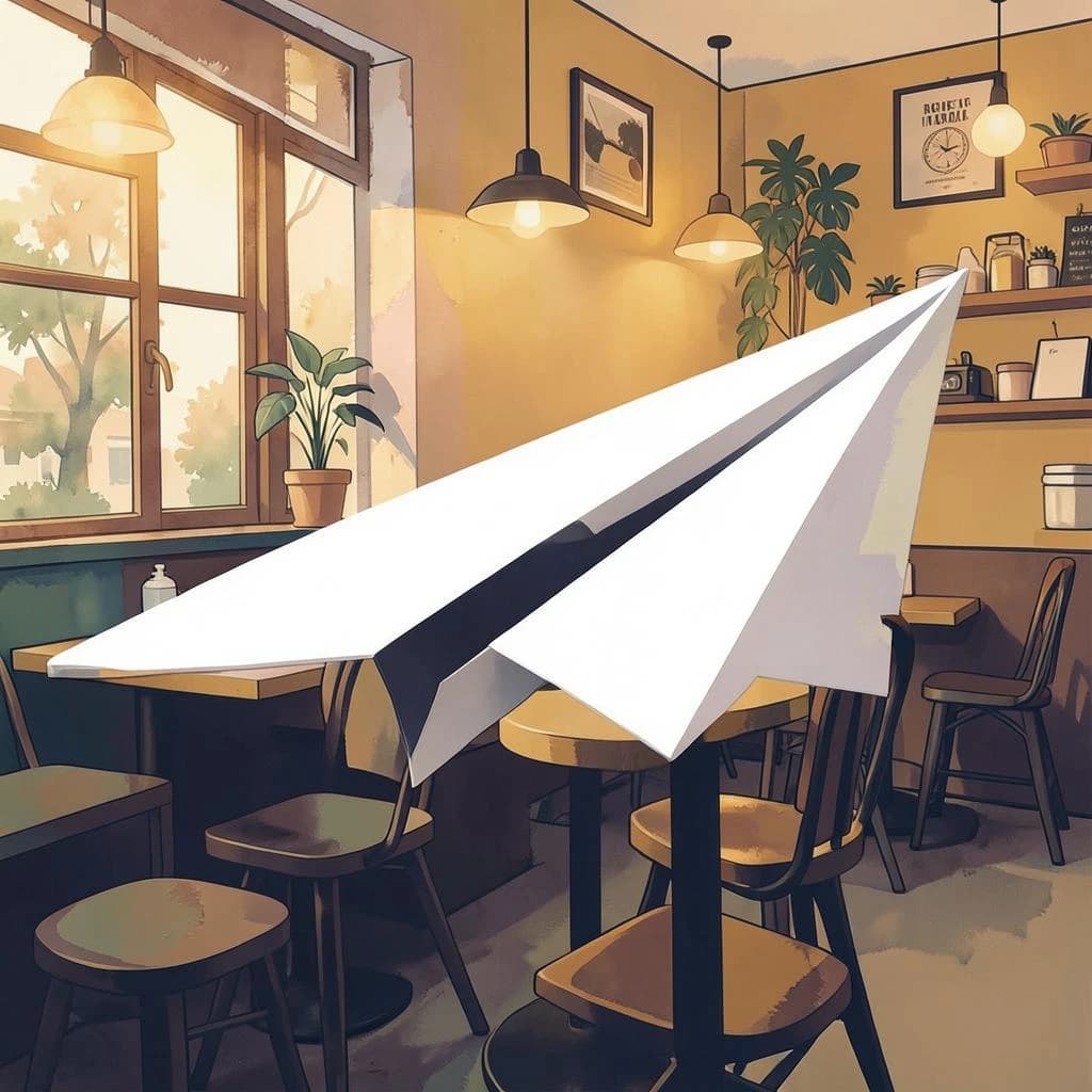 Silkscreen print of a paper airplane inside a cozy cafe, layered wash, smooth vector finish, split-complementary palette.