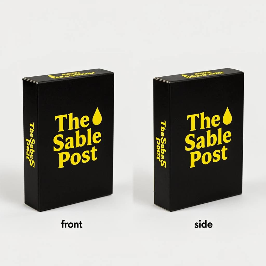 Printed poster of the same board-game box drawn in two views, captioned "front" and "side", every view carrying the wordmark "The Sable Post" with a single droplet symbol beside it in the same black-and-yellow coloring, only the angle changing.