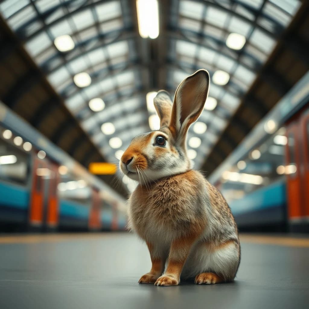 85mm f/1.8 profile framing of an arctic hare inside a train station hall, rim-lit, slight barrel distortion, medium-format look