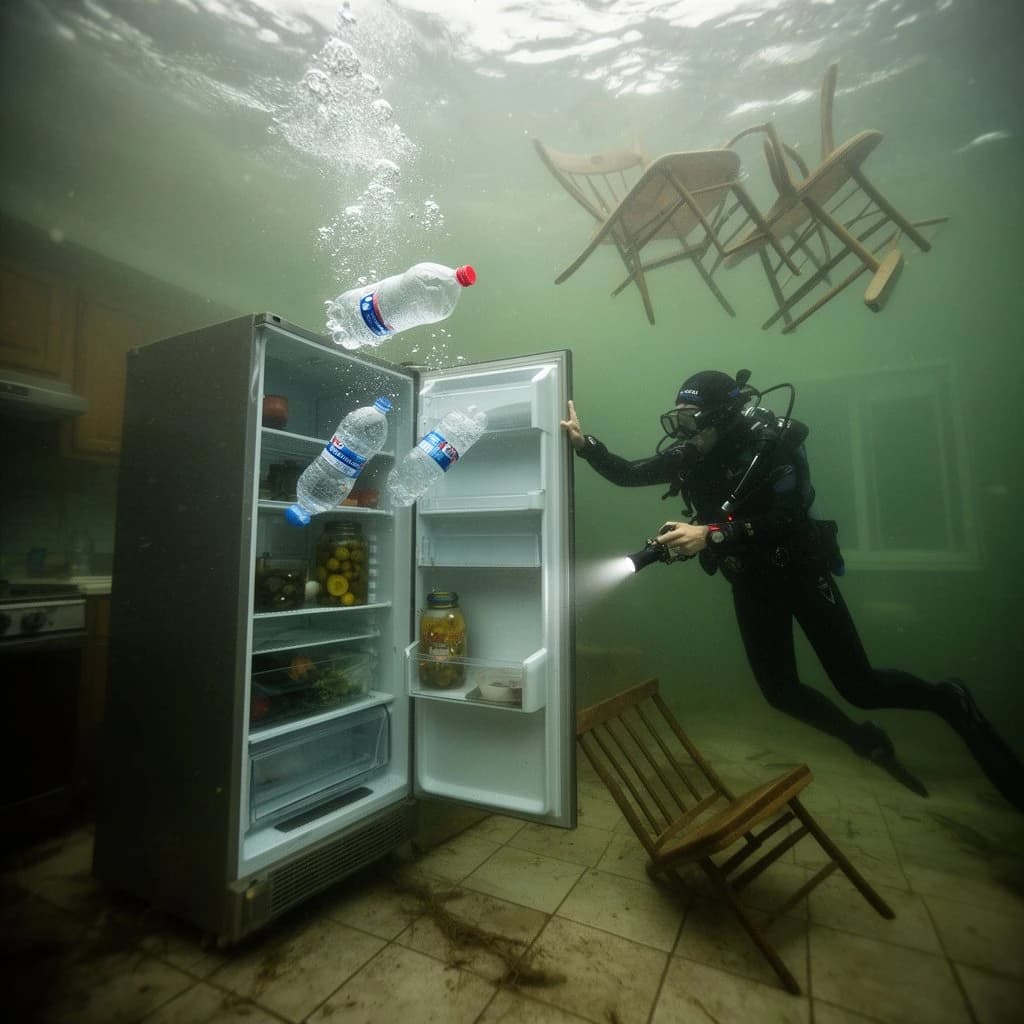 Underwater photograph inside a flooded apartment kitchen, silt green water, one window's worth of light from above. The refrigerator stands with its door swung open; three plastic bottles drift upward out of it, one still capped and two open and trailing bubbles, while a jar of pickles stays wedged on the middle shelf. A diver in a black wetsuit hovers to the right of the door, one hand on the top hinge, the other aiming a torch into the empty vegetable drawer. Two wooden chairs float against the ceiling above her, a third lies on its side on the tiles. Suspended particles, cold contrast, slow shutter softness.