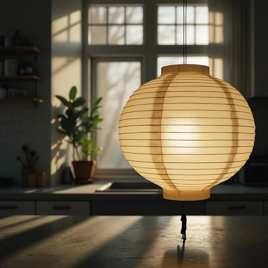 The still point when a paper lantern reads as a single dark silhouette, in a sunlit kitchen, under soft morning light.