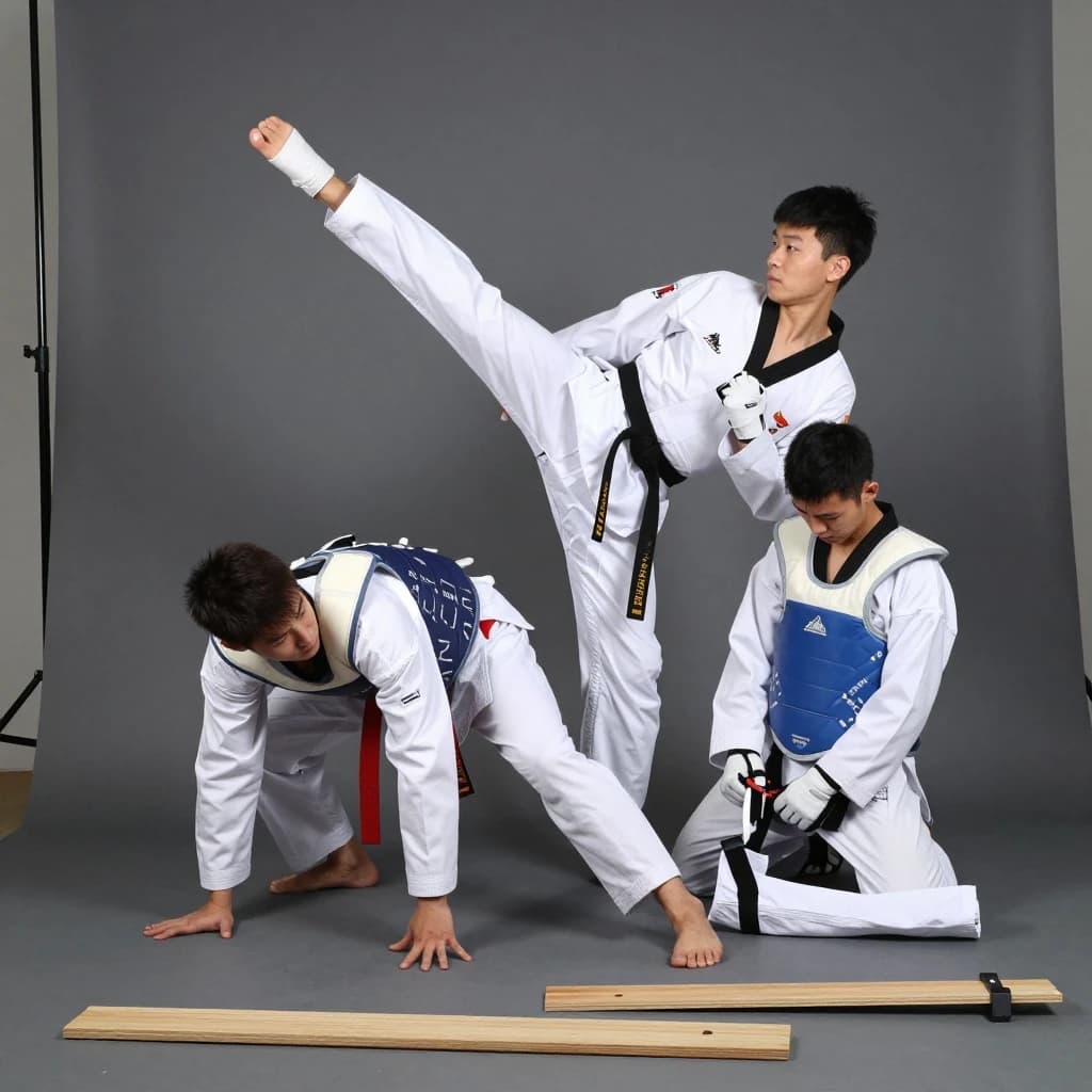 Studio photography, stunt and costume reference on a seamless charcoal backdrop, one hard key from camera left. Three taekwondo athletes in a tight diagonal: the tallest, in a white uniform with a black belt, holds a side kick frozen at chest height; the shortest, in navy with a red belt, ducks under it with both palms flat on the floor; the third kneels behind them fastening a blue chest guard onto a folded uniform. Two snapped pine boards lie at the front edge of the frame, a third board still whole in a holder's gloved hands.