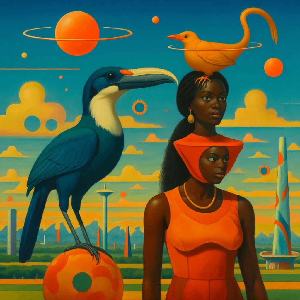 Jacamar and Mollie in Dodoma, Tanzania in the style of futurism