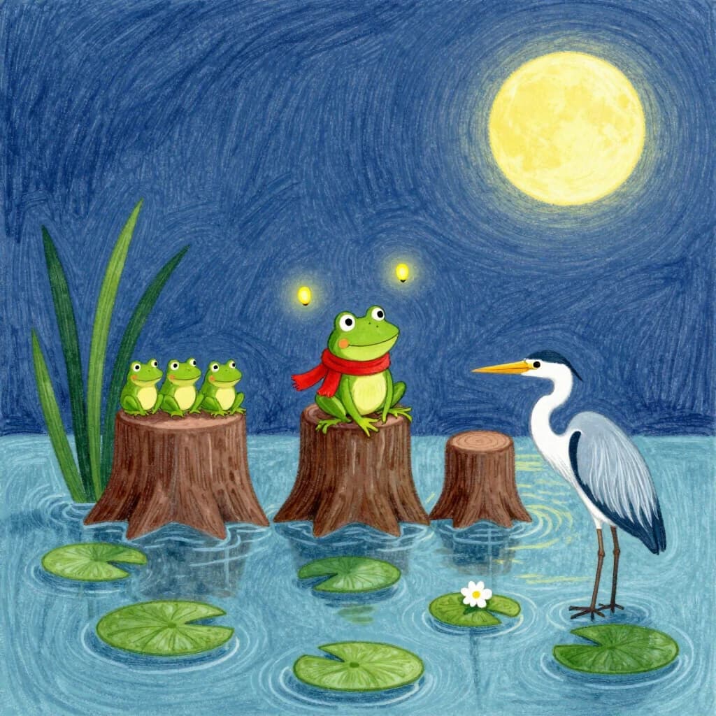 Story card in soft children's book illustration with crayon texture. A moonlit swamp with three cypress stumps in a row across the water. A small green frog in a red scarf sits on the middle stump. Two fireflies circle above his head while four more sit sleeping on the reeds to the left. A heron stands knee deep at the right edge, looking away from the frog. Nine lily pads float across the foreground, only one of them carrying a flower.