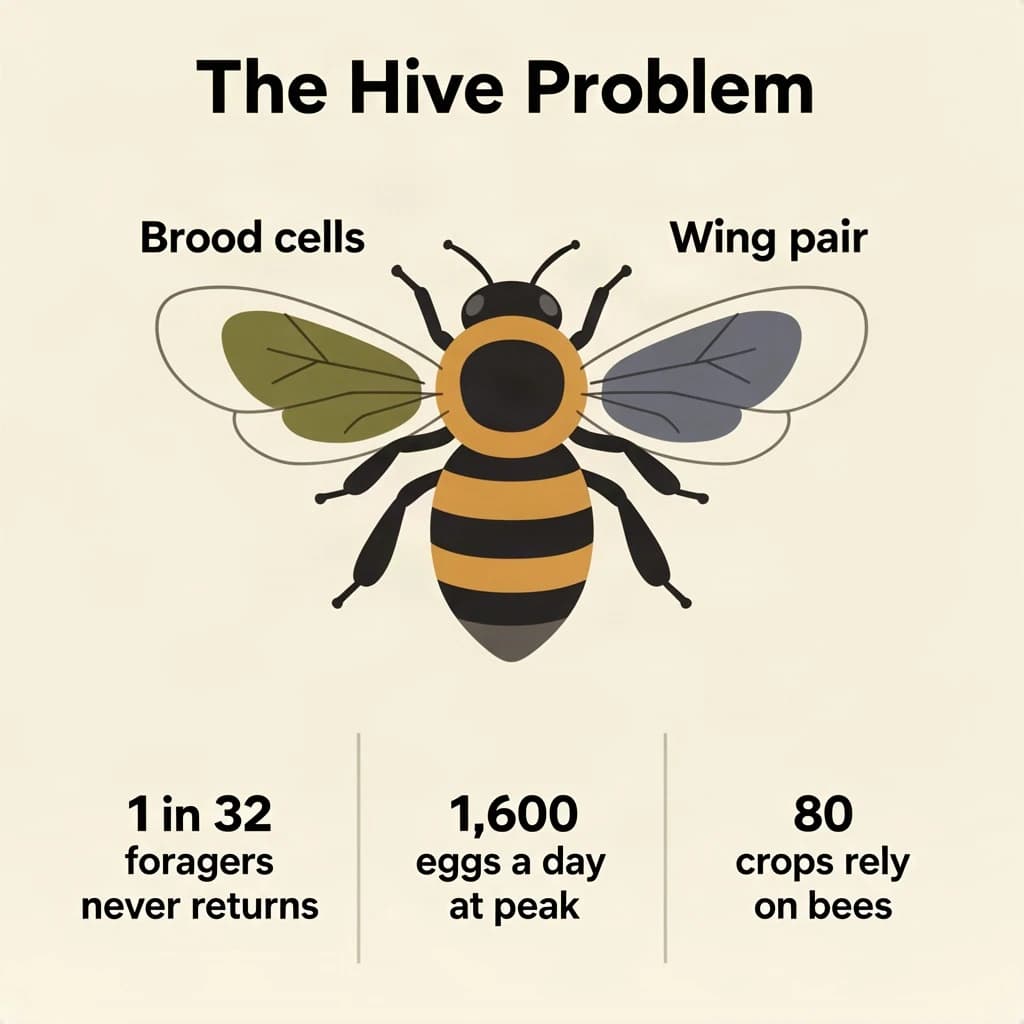 Flat vector illustration titled "The Hive Problem". A labeled bee diagram sits at the center, carrying two keyed regions, "Brood cells" shaded olive and "Wing pair" shaded slate. Three stat chips run down a bottom row, reading "1 in 32 foragers never returns", "1,600 eggs a day at peak" and "80 crops rely on bees". Each key color matches the shading of the region it names.