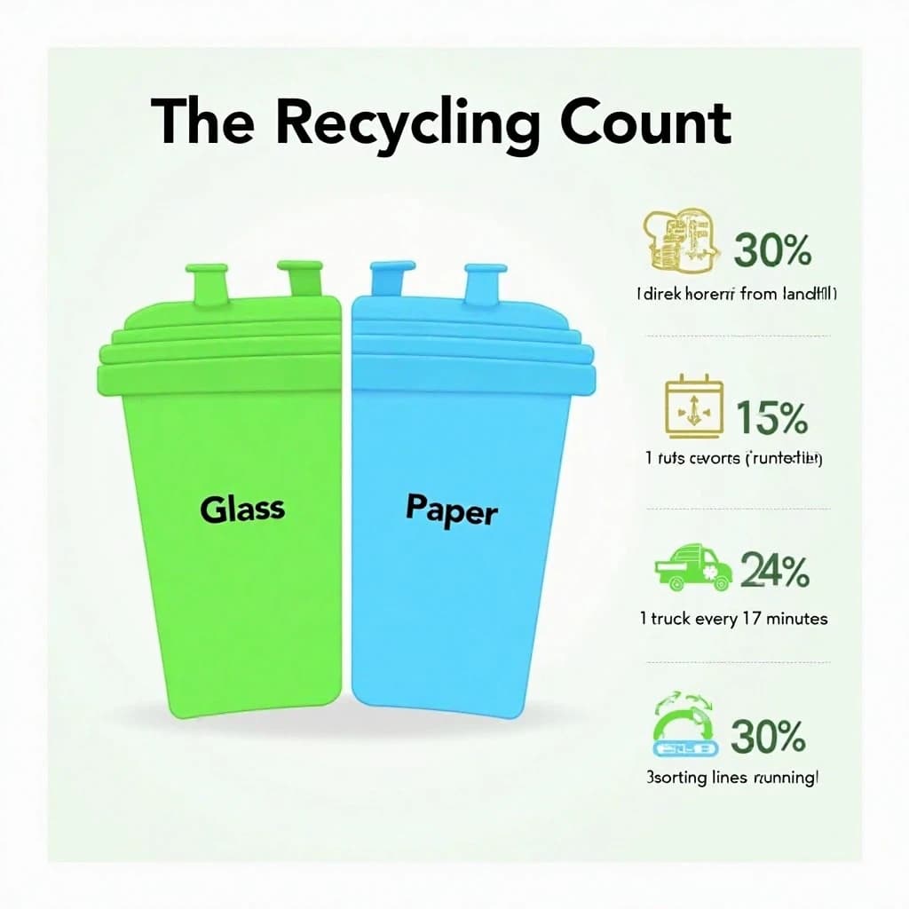 Printed poster titled "The Recycling Count". Three sorting bins with arrows to their destinations sits at the center, carrying two keyed regions, "Glass" shaded green and "Paper" shaded blue. Three stat chips run down a right column, reading "30% diverted from landfill", "1 truck every 17 minutes" and "2 sorting lines running". Each key color matches the shading of the region it names.