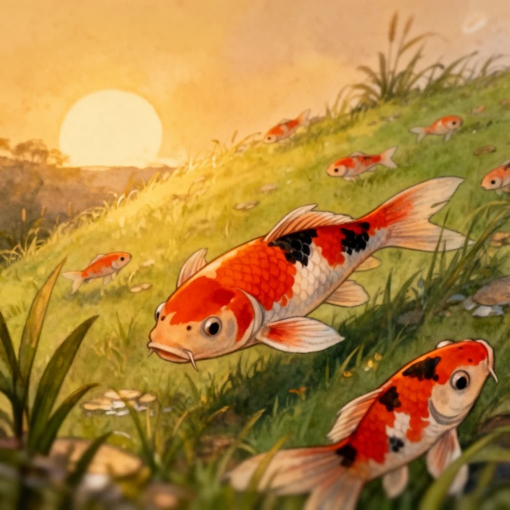 koi fish, grassy hillside, warm lamplight, macro close-up, storybook illustration, high detail