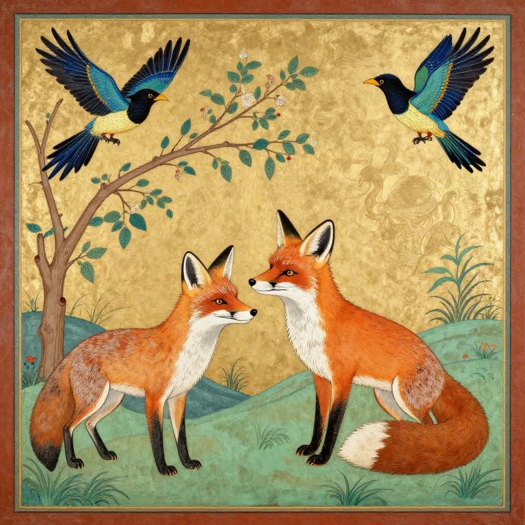 Fox and Turaco in Pyongyang, North Korea in the style of byzantine