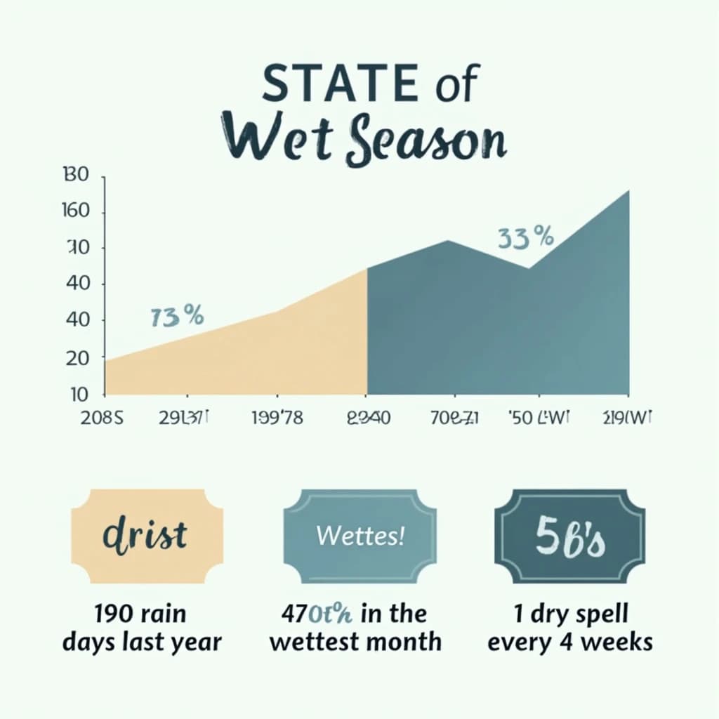 Flat vector illustration titled "State of Wet Season": at the center a twelve-month rainfall timeline, carrying two keyed regions, "Driest" shaded sand and "Wettest" shaded dark blue, beside a bottom row of three stat chips reading "190 rain days last year", "470mm in the wettest month" and "1 dry spell every 4 weeks".