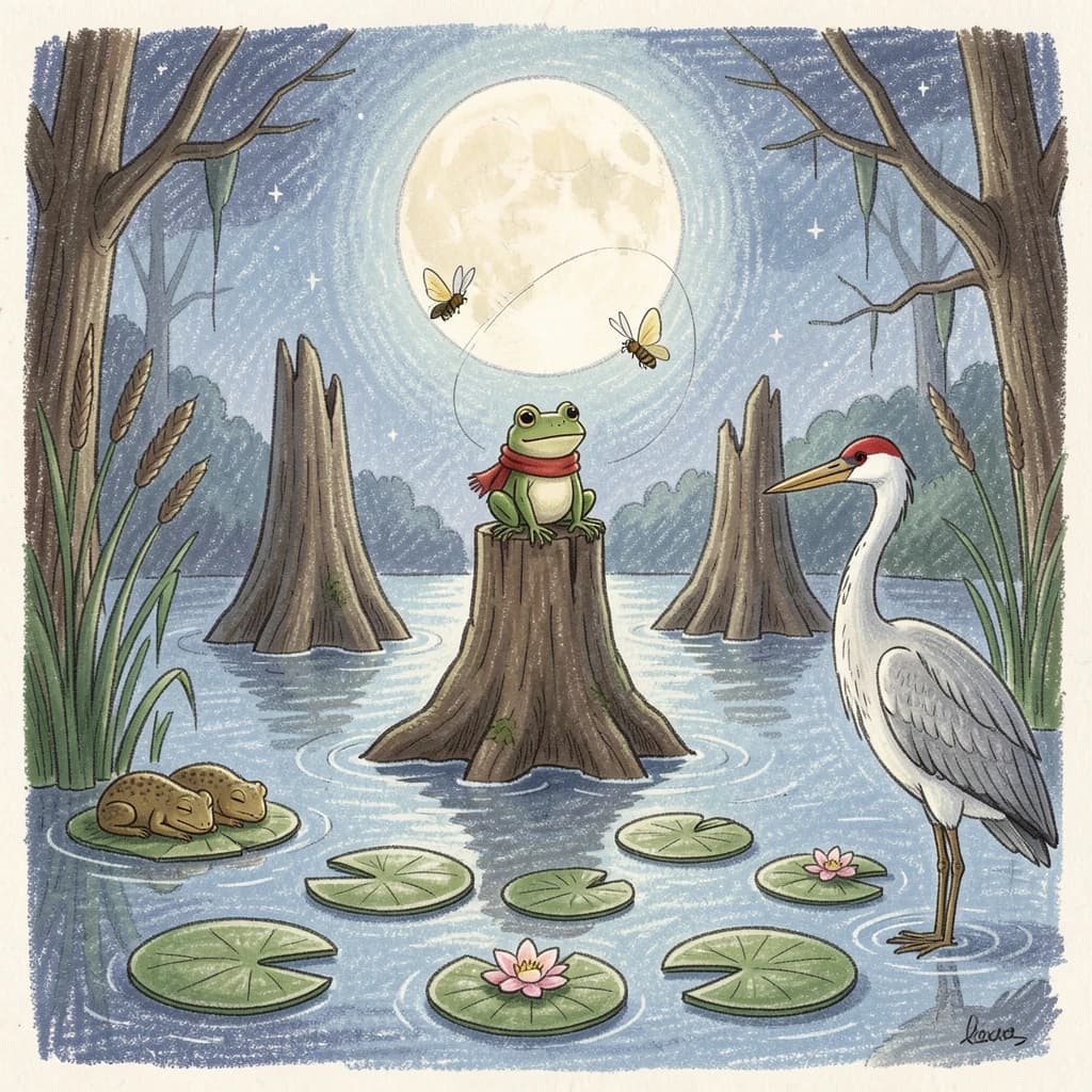 Story card in soft children's book illustration with crayon texture. A moonlit swamp with three cypress stumps in a row across the water. A small green frog in a red scarf sits on the middle stump. Two fireflies circle above his head while four more sit sleeping on the reeds to the left. A heron stands knee deep at the right edge, looking away from the frog. Nine lily pads float across the foreground, only one of them carrying a flower.