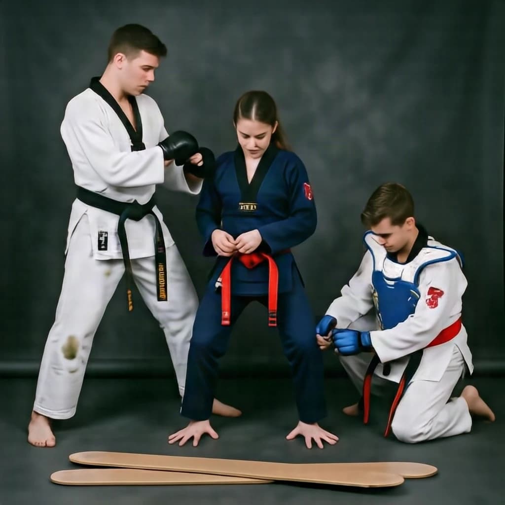 Studio photography, stunt and costume reference on a seamless charcoal backdrop, one hard key from camera left. Three taekwondo athletes in a tight diagonal: the tallest, in a white uniform with a black belt, holds a side kick frozen at chest height; the shortest, in navy with a red belt, ducks under it with both palms flat on the floor; the third kneels behind them fastening a blue chest guard onto a folded uniform. Two snapped pine boards lie at the front edge of the frame, a third board still whole in a holder's gloved hands.