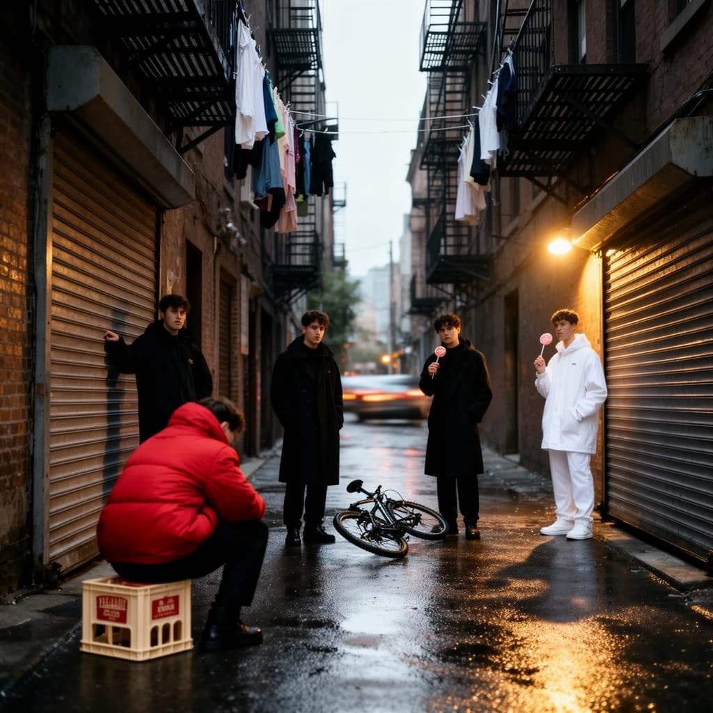 Cinematic photograph for a streetwear campaign, shot straight down a narrow rain-slick alleyway at dusk. Four models spread through the depth of the frame: the nearest crouches on a milk crate in a red puffer, two stand mid-alley in matching black coats, one leaning on a roll-up shutter and one holding a lollipop, and the farthest stands under the single working lamp in white. Three of the six fire escapes above carry laundry lines; the rest are bare. A delivery bike lies on its side between the two middle models. Blurred street traffic only at the far end.