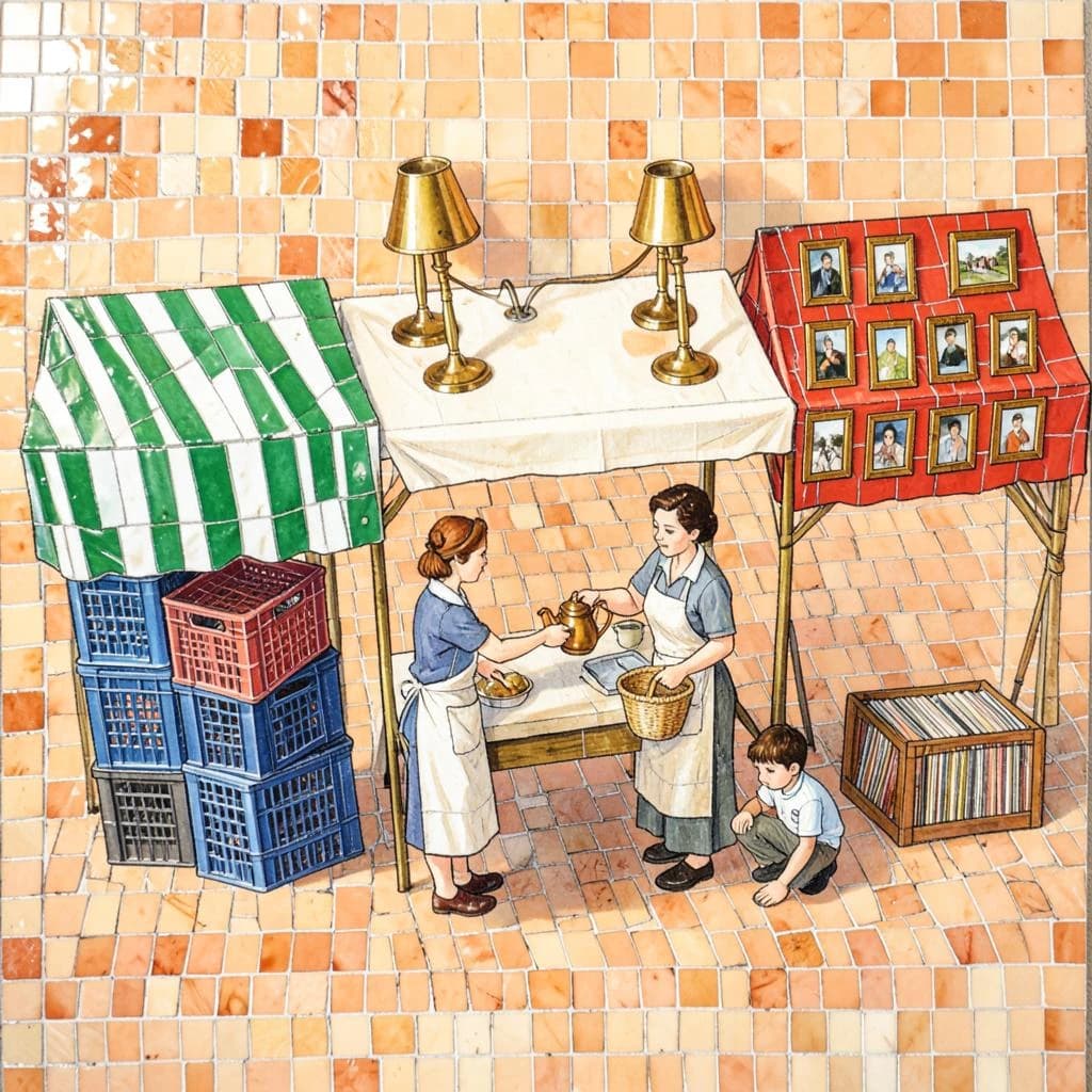 Glass tile mosaic of a Sunday flea market seen from a slightly raised angle, small square tesserae and warm terracotta grout. Three stall awnings in a row: the left one striped green and white over stacked vinyl crates, the middle plain canvas over six brass lamps with only the two tallest wearing shades, the right red awning hung with nine framed pictures in three rows of three. Under the middle awning a vendor in an apron hands a teapot across the table to a woman holding a straw basket, while a boy crouches at her feet by a crate of records. No lettering anywhere.