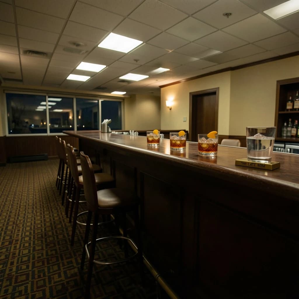 Liminal space photograph of a hotel bar at four in the morning, humming fluorescent ceiling panels, patterned carpet running off frame, nobody in sight. Eleven identical barstools stand in one unbroken row along the counter, only the fifth pulled out and turned. Three finished old fashioneds sit spaced along the bar, each down to melted ice and a single orange peel, and a fourth glass, freshly poured and still clear, waits at the far end beside a small brass sign reading "THE LATE ROOM".