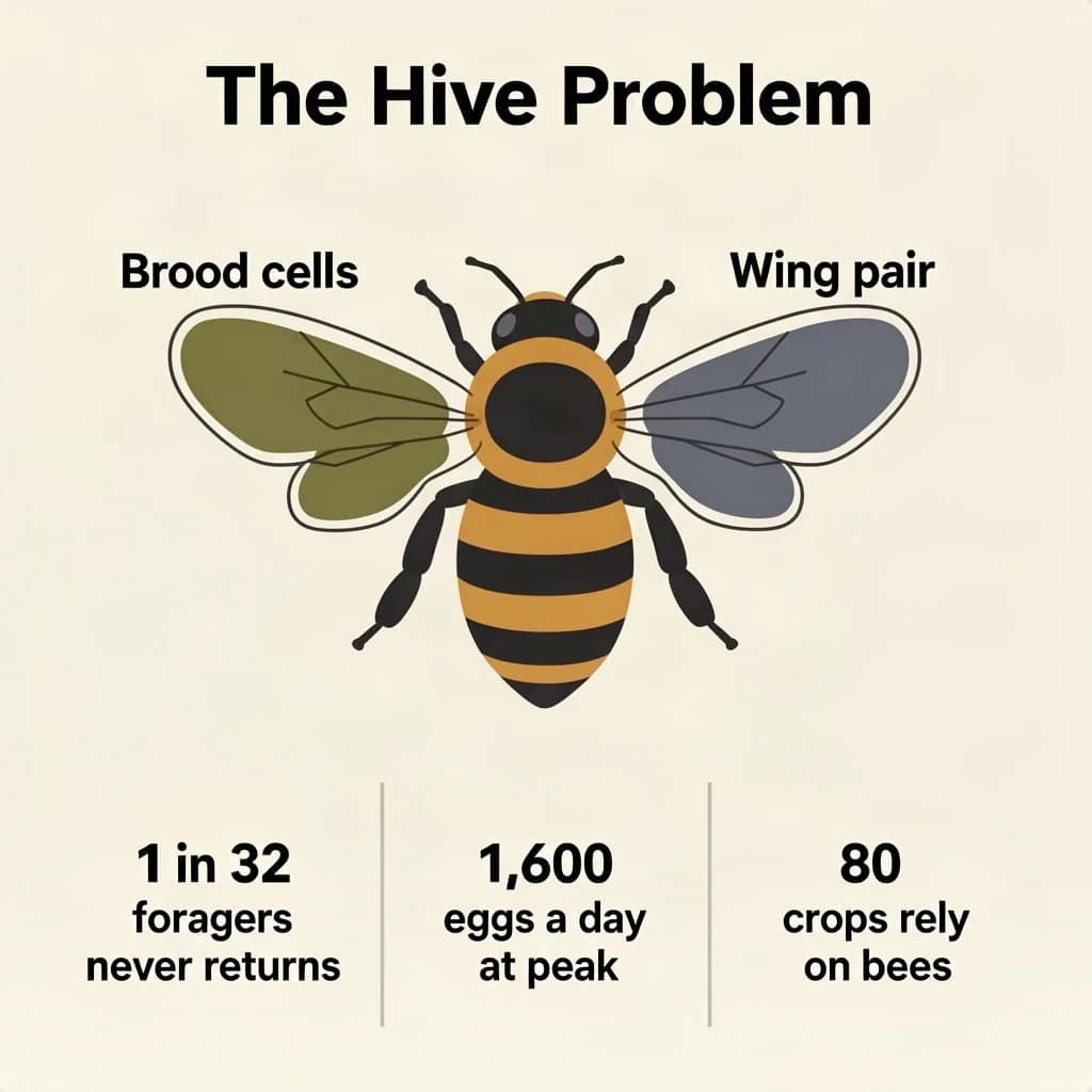 Flat vector illustration titled "The Hive Problem". A labeled bee diagram sits at the center, carrying two keyed regions, "Brood cells" shaded olive and "Wing pair" shaded slate. Three stat chips run down a bottom row, reading "1 in 32 foragers never returns", "1,600 eggs a day at peak" and "80 crops rely on bees". Each key color matches the shading of the region it names.