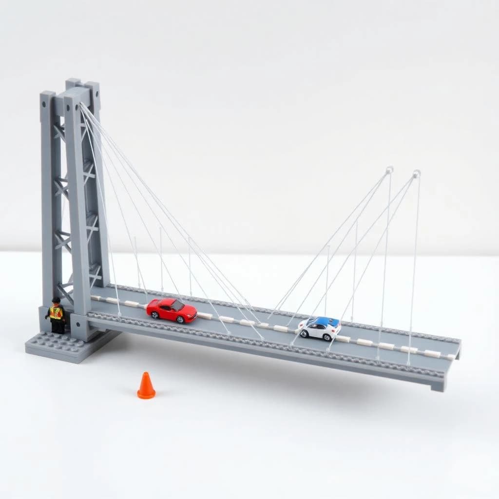 Product photograph of a plastic brick model of a suspension bridge on a white table, shot from a low three-quarter angle. Two grey towers, each with three cross braces between its legs, carry cables that sweep down to the deck with eight vertical hangers per span. The deck is two lanes wide with four small cars on it: two red in the near lane, one blue and one white in the far lane. A single figure in a yellow vest stands at the left tower base beside two orange cones. Soft even light, crisp stud edges, no printed logos anywhere.
