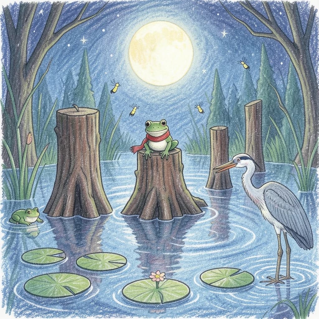 Story card in soft children's book illustration with crayon texture. A moonlit swamp with three cypress stumps in a row across the water. A small green frog in a red scarf sits on the middle stump. Two fireflies circle above his head while four more sit sleeping on the reeds to the left. A heron stands knee deep at the right edge, looking away from the frog. Nine lily pads float across the foreground, only one of them carrying a flower.