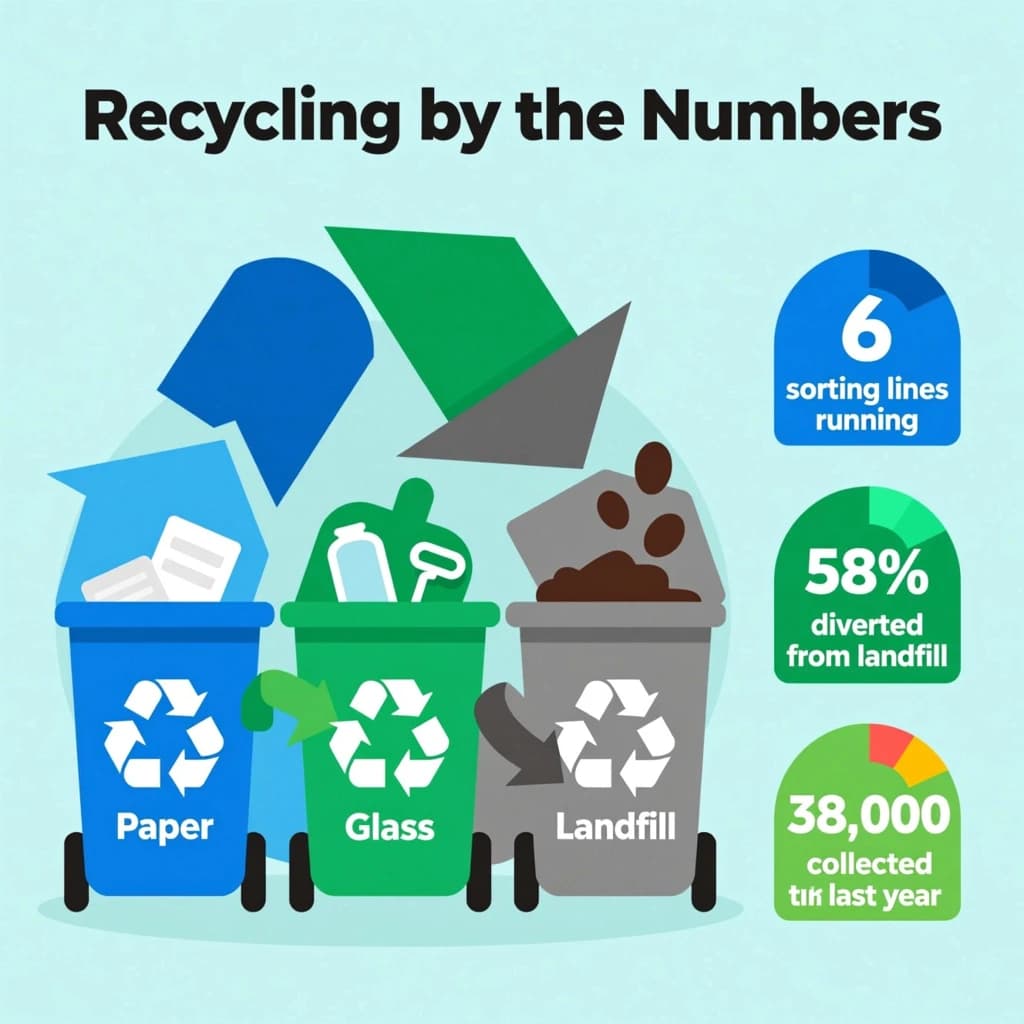 Flat vector illustration titled "Recycling by the Numbers": at the center three sorting bins with arrows to their destinations, carrying three keyed regions, "Paper" shaded blue, "Glass" shaded green and "Landfill" shaded gray, beside a right column of three stat chips reading "6 sorting lines running", "58% diverted from landfill" and "38,000 tons collected last year".