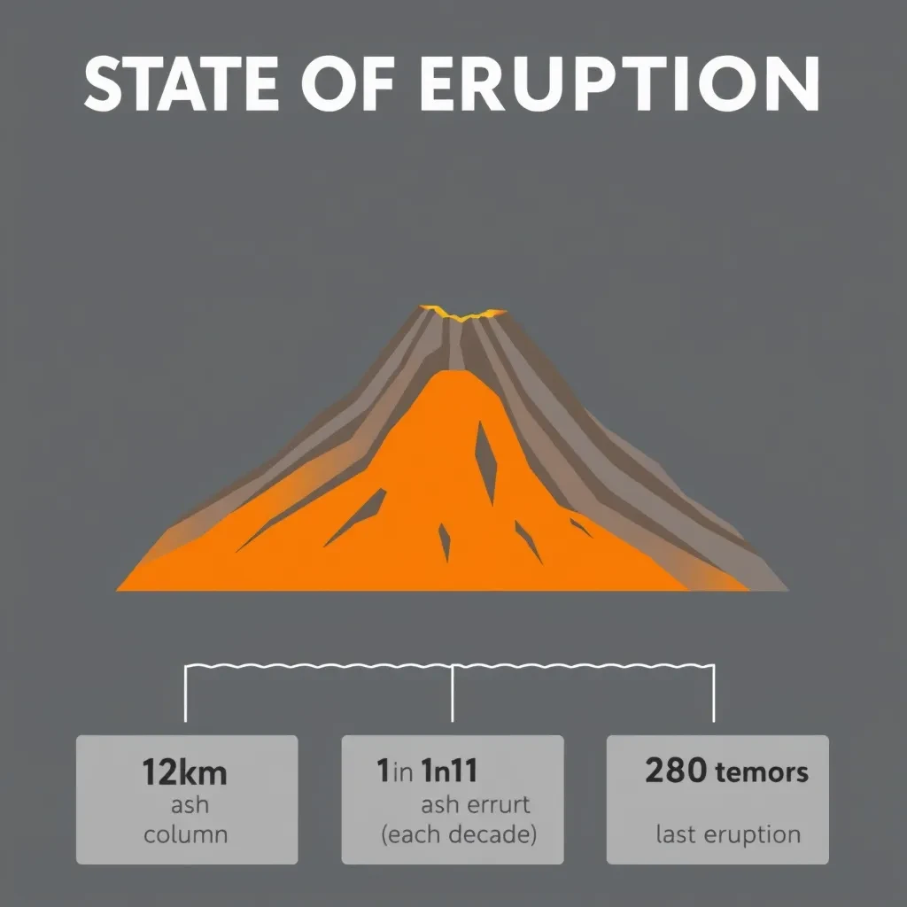 Flat infographic titled "State of Eruption". A simplified hazard map of the slopes sits at the center, carrying two keyed regions, "Magma chamber" shaded orange and "Ash cloud" shaded gray. Three stat chips run down a bottom row, reading "12km ash column", "1 in 11 erupt each decade" and "280 tremors before the last eruption". Each key color matches the shading of the region it names.