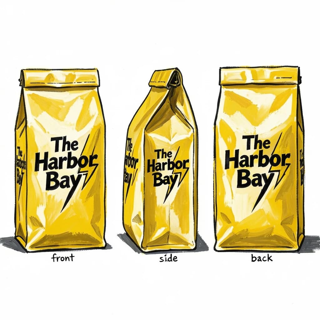 Gouache painting of the same coffee bag drawn in three views, captioned "front", "side" and "back", every view carrying the wordmark "The Harbor Bay" with a lightning-bolt symbol beside it in the same black-and-yellow coloring, only the angle changing.
