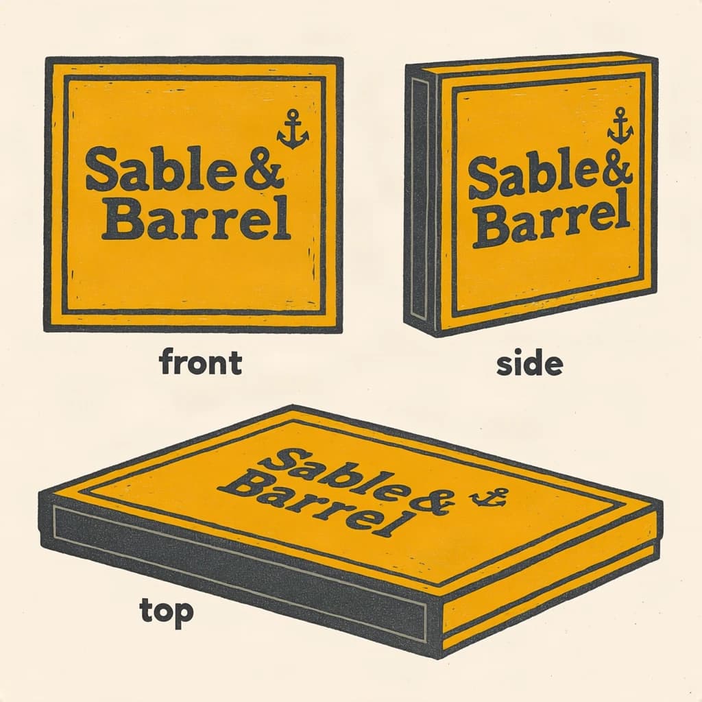 Linocut print: one board-game box in three views. The views are captioned "front", "side" and "top" in that order. The wordmark "Sable & Barrel" appears on every view with a small anchor mark beside it. The mustard-and-charcoal coloring is the same across every view, and only the angle changes.