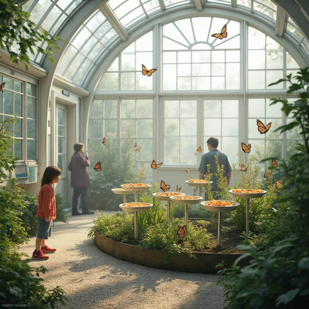 Interior render of a glasshouse butterfly conservatory, white cast iron arches and misted glass, humid morning light.
A raised planting bed spirals through the centre with a gravel path running around it. Five feeding stations on slim posts stand along the path, each holding a shallow dish of orange slices: monarch butterflies cluster on three of the dishes while two are untouched. Seven more monarchs rest on the milkweed in the bed and two are in flight above the path. Three visitors in the room, a child crouching at the nearest feeding station, an adult behind her pointing upward, and a guide standing at the far end beside an information board. Fine mist drifting near the roof vents. Physically based render.
