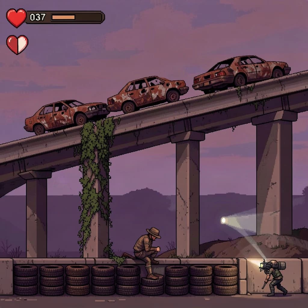 Side-scrolling pixel art screenshot from a post-apocalyptic survival platformer, dusk palette of rust and violet. A collapsed highway overpass cuts diagonally across the frame on four concrete support pillars, the second from the left snapped in half and wrapped in vines. On the deck above sit three burnt-out cars nose to tail, only the middle one still upright. Below, the player crouches behind a barricade of five stacked tires while two scavenger drones sweep flashlight cones in from the right. Top-left interface: three heart icons with the last half empty, a scrap counter reading "037", and a thin compass strip.