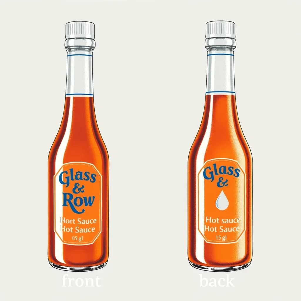 Printed poster of the same hot-sauce bottle drawn in two views, captioned "front" and "back", every view carrying the wordmark "Glass & Row" with a single droplet symbol beside it in the same blue-and-silver coloring, only the angle changing.