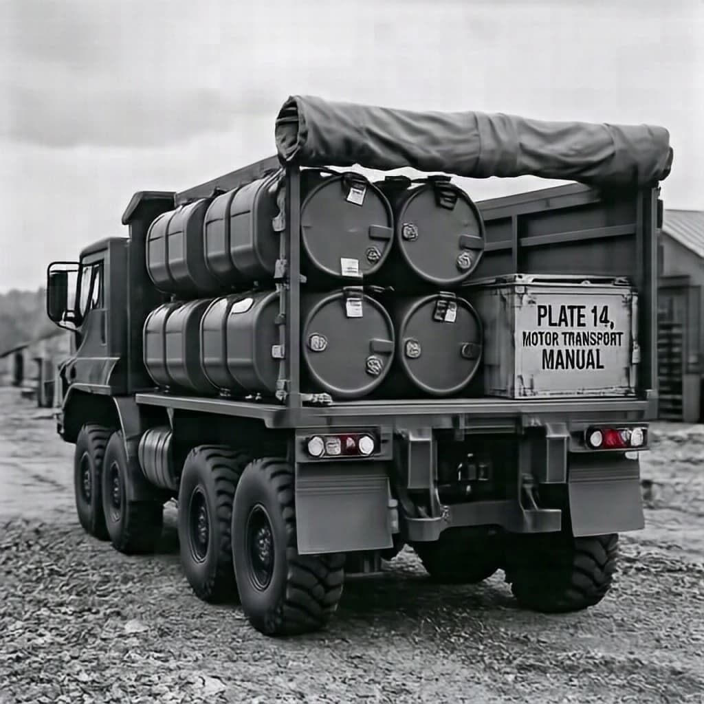 Black and white archival plate of a six wheeled army cargo truck, side elevation above a rear three quarter view. The bed carries eight fuel drums in two rows of four, the four nearest the tailgate under a rolled canvas, the rest bare. Stamped box lower right reads "PLATE 14, MOTOR TRANSPORT MANUAL".