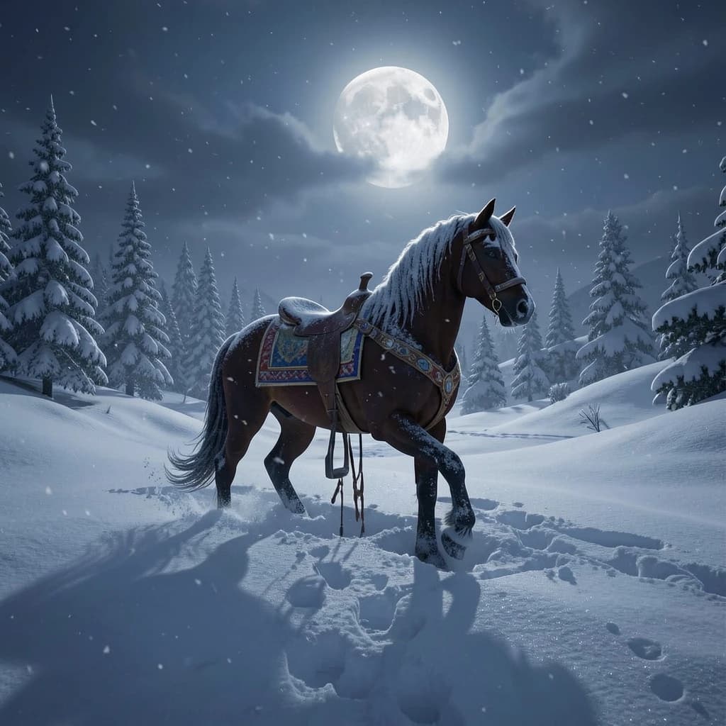 single carousel horse in deep snow, moonlight