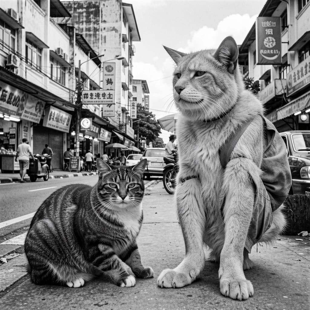Channel Cat and Megathere in Manila, Philippines in the style of black and white