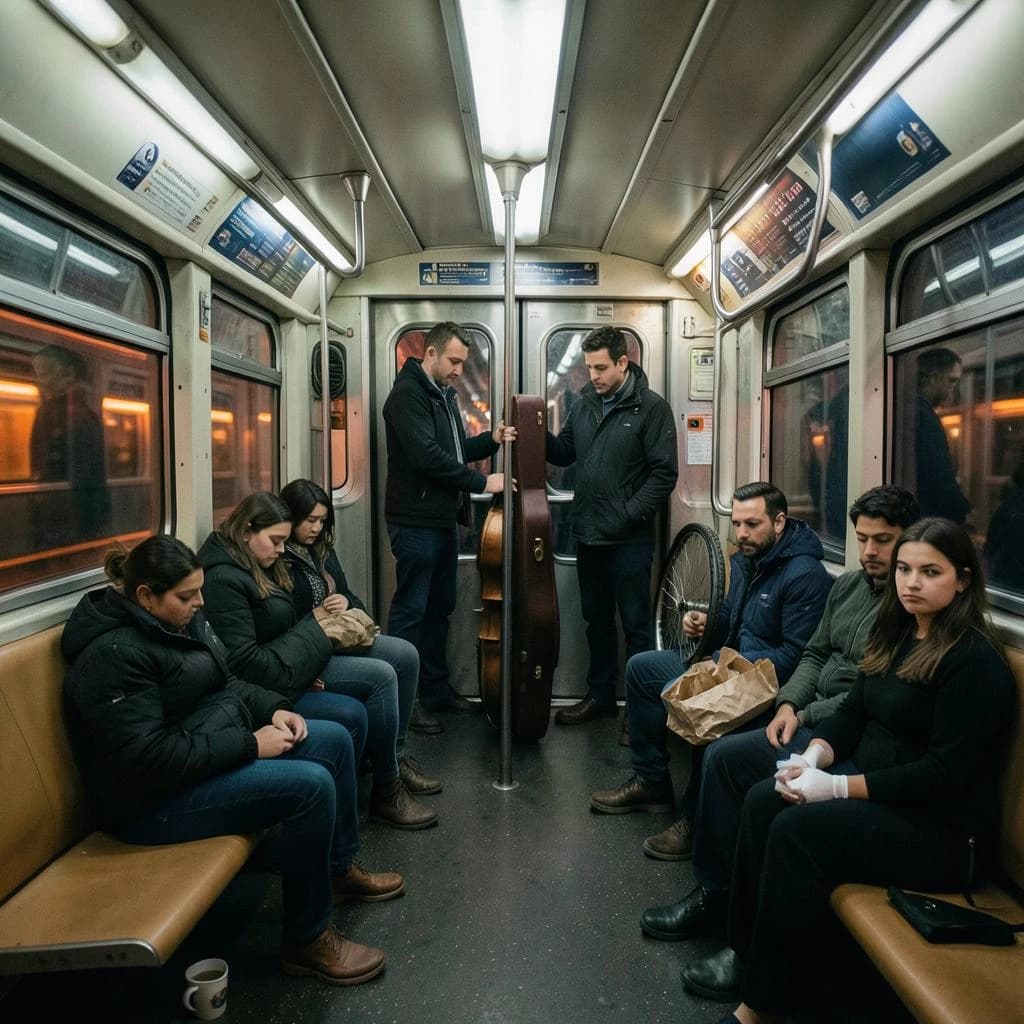 Cinematic photograph inside a late night subway car, handheld, lit only by flickering ceiling strips and orange platform light sliding past the windows. Nine passengers down the car: the three on the left bench all sleep with heads tipped at different angles, the four on the right bench are awake, one folding a paper bag, one holding a bike wheel upright between his knees, one wrapping her own wrist in tape, one staring straight into the lens. Two more stand at the far doors gripping the same pole with a violin case wedged between them. An empty seat beside the nearest sleeper, a coffee cup rolling under it.