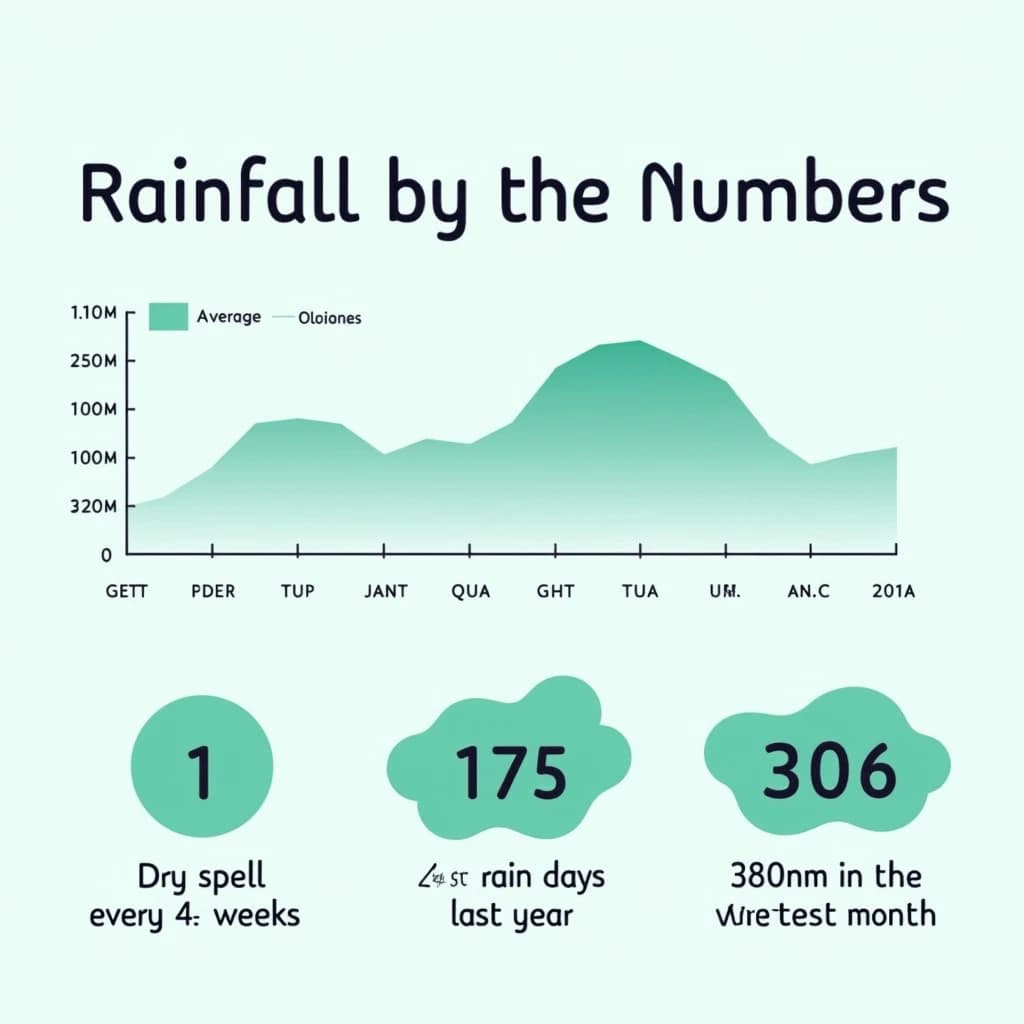 Flat infographic titled "Rainfall by the Numbers": at the center a twelve-month rainfall timeline, carrying two keyed regions, "Average" shaded pale green and "Wettest" shaded dark blue, beside a bottom row of three stat chips reading "1 dry spell every 4 weeks", "175 rain days last year" and "380mm in the wettest month".