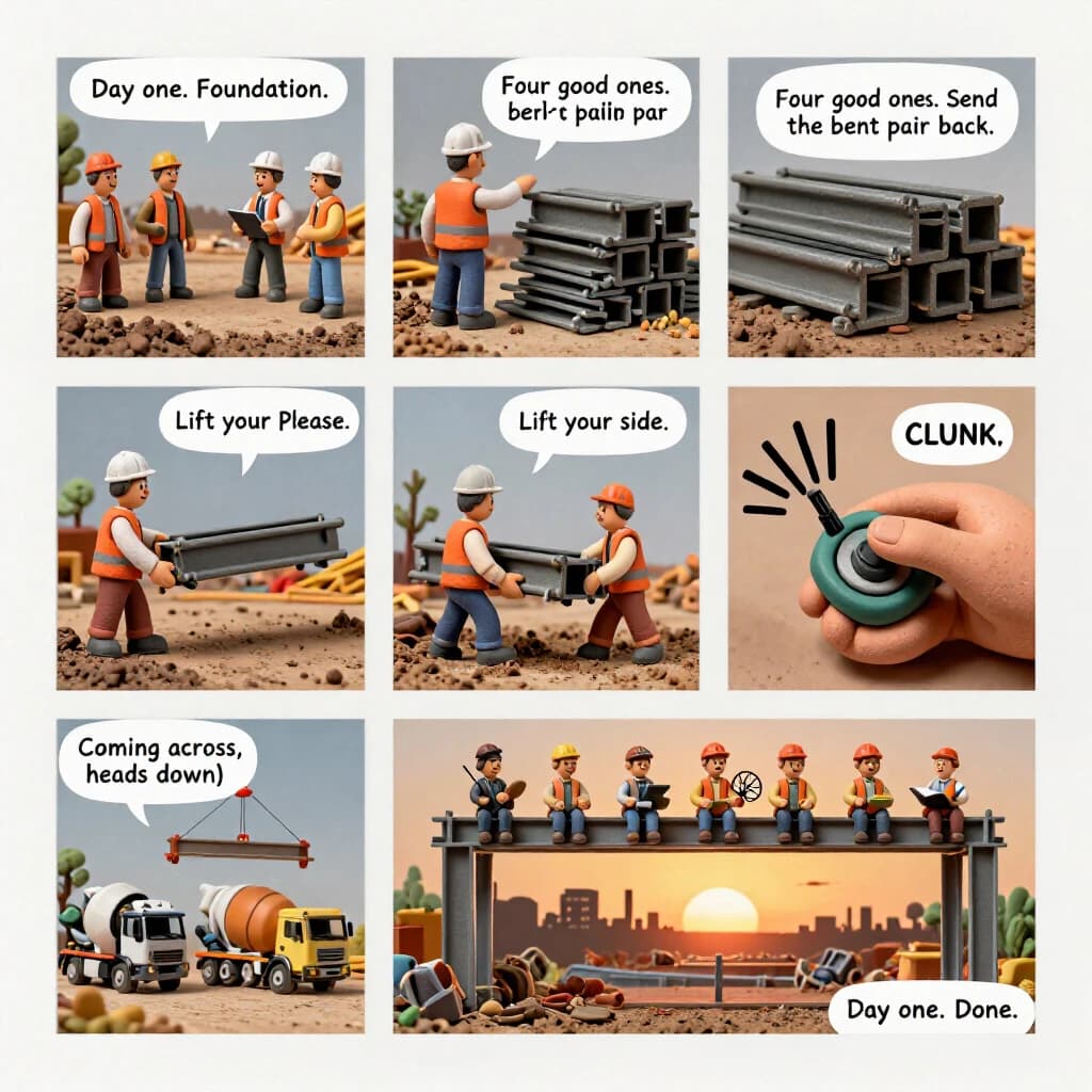 Six-panel comic page rendered as claymation stop-motion frames with fingerprint texture visible in the clay and uneven hand-cut gutters.
Panel 1: Wide muddy build site. Four clay construction workers in orange vests plus one in a white hard hat holding a clipboard. Caption: "Day one. Foundation."
Panel 2: The white hat points at a stack of six girders, two of them bent. Speech: "Four good ones. Send the bent pair back."
Panel 3: Two workers carry one girder between them, the shorter one's end sagging low. Speech from the shorter worker: "Lift your side. Please."
Panel 4: Close up of a clay thumb pressing the button on a tiny crane remote. Sound effect: "CLUNK".
Panel 5: The crane swings the girder over three parked mixer trucks, the middle truck empty and the two outer ones loaded. Speech from the crane cab: "Coming across, heads down."
Panel 6: The finished steel frame at sunset with five workers sitting in a row along the top beam, lunchboxes open, the clipboard now used as a fan. Caption: "Day one. Done."