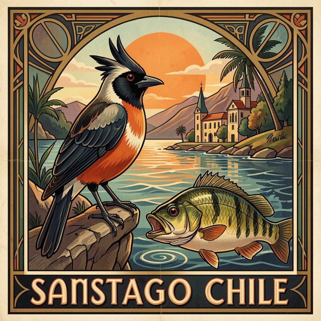 Crested Myna and Gudgeon in Santiago, Chile in the style of art deco