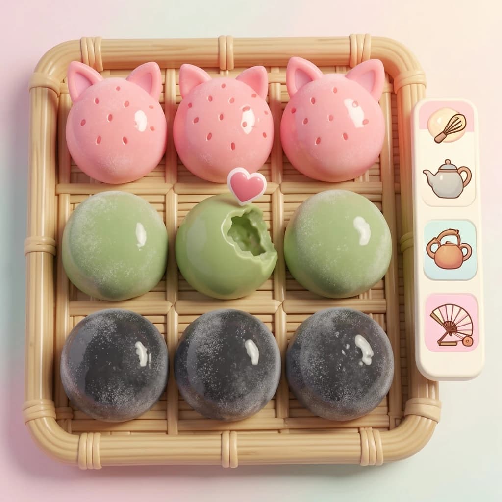 Match three board for a cozy sweets game, cute stylized 3D animation look. Nine mochi in a three by three grid on a bamboo tray: the top row strawberry pink, the middle row matcha green, the bottom row black sesame grey. The center green one has a bite taken out and a small heart icon floating above it. Two of the pink mochi wear tiny cat ears. To the right of the tray, a vertical strip of three power up icons, a whisk, a teapot and a fan. Soft pastel lighting, glossy dusted surfaces.
