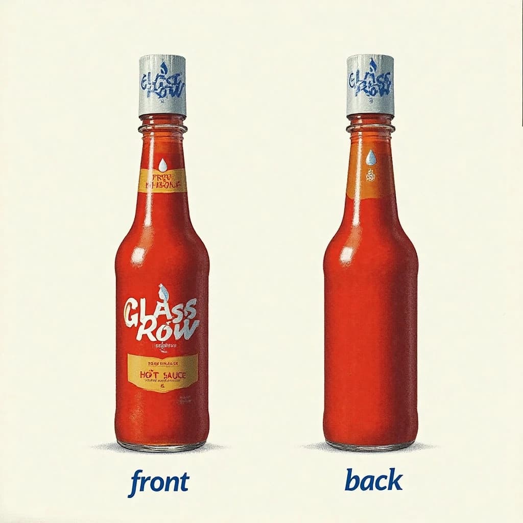 Printed poster of the same hot-sauce bottle drawn in two views, captioned "front" and "back", every view carrying the wordmark "Glass & Row" with a single droplet symbol beside it in the same blue-and-silver coloring, only the angle changing.