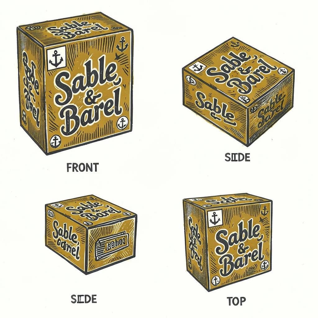 Linocut print: one board-game box in three views. The views are captioned "front", "side" and "top" in that order. The wordmark "Sable & Barrel" appears on every view with a small anchor mark beside it. The mustard-and-charcoal coloring is the same across every view, and only the angle changes.
