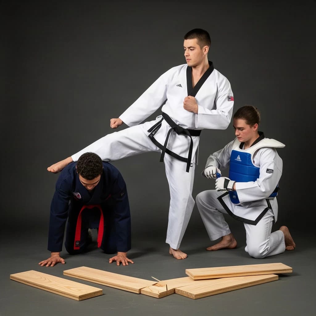 Studio photography, stunt and costume reference on a seamless charcoal backdrop, one hard key from camera left. Three taekwondo athletes in a tight diagonal: the tallest, in a white uniform with a black belt, holds a side kick frozen at chest height; the shortest, in navy with a red belt, ducks under it with both palms flat on the floor; the third kneels behind them fastening a blue chest guard onto a folded uniform. Two snapped pine boards lie at the front edge of the frame, a third board still whole in a holder's gloved hands.