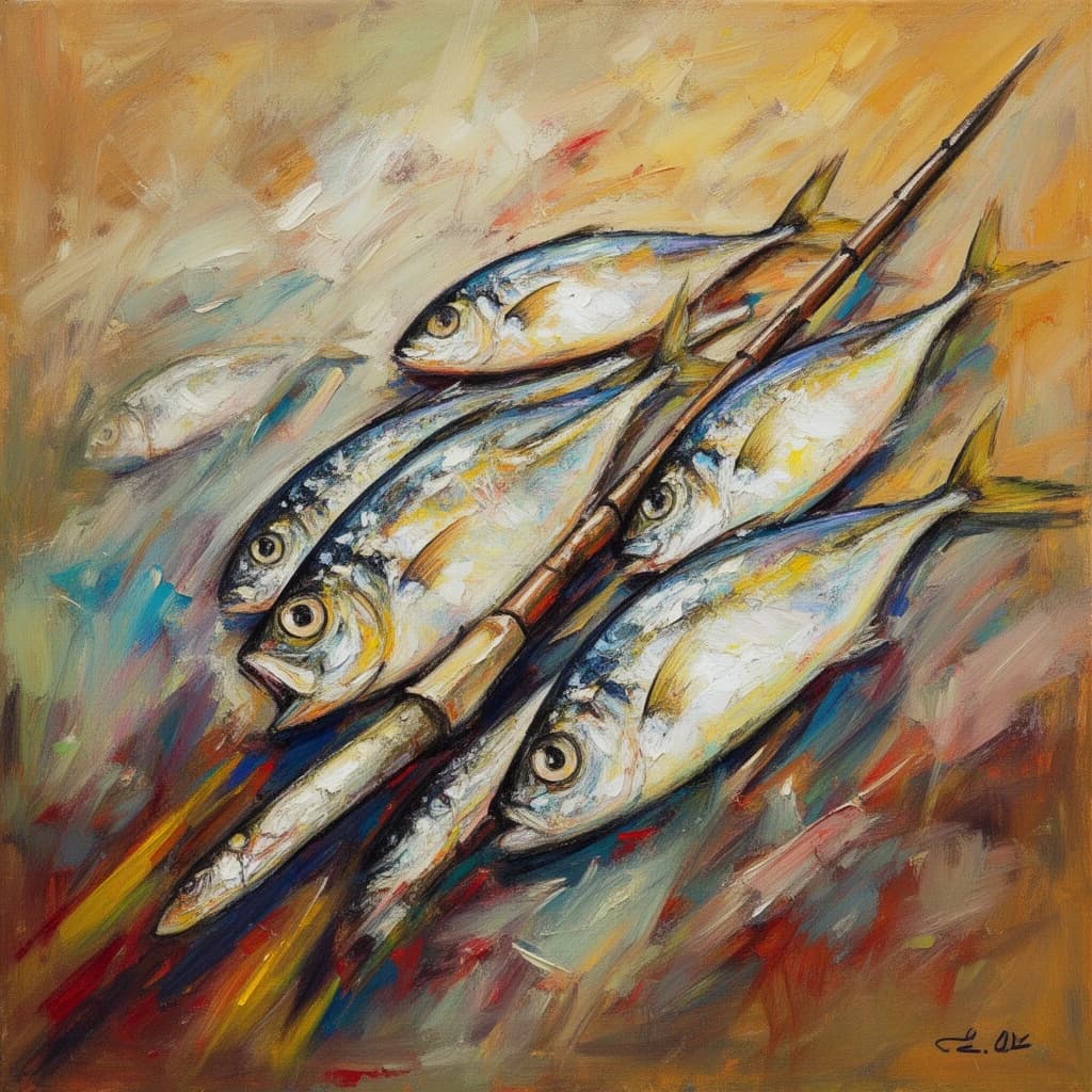 Butterfish and Spear in Sri Jayawardenepura Kotte, Sri Lanka in the style of abstract