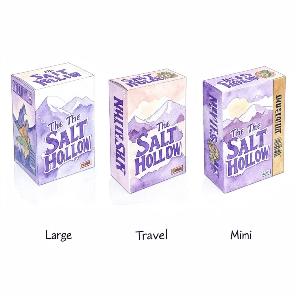 Watercolor of the same board-game box drawn in three editions, captioned "Large", "Travel" and "Mini", every edition carrying the wordmark "The Salt Hollow" in the same purple-and-white coloring, only the box size changing.
