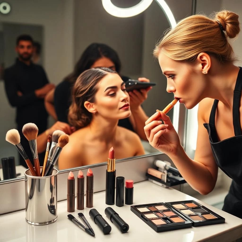 Fashion photograph at a backstage vanity lit by a ring light. A makeup artist in a black apron leans in from the right and blends cream blush into a seated model's cheekbone with her fingers, while a second artist standing behind them holds a lash tray in one hand and tweezers in the other, mid pick. On the counter between them: six brushes standing bristle up in a metal cup, three lipstick bullets lying in a row with their caps off beside them, and one open palette showing two used shades and four untouched. Warm skin tones, glossy highlights, shallow depth of field.