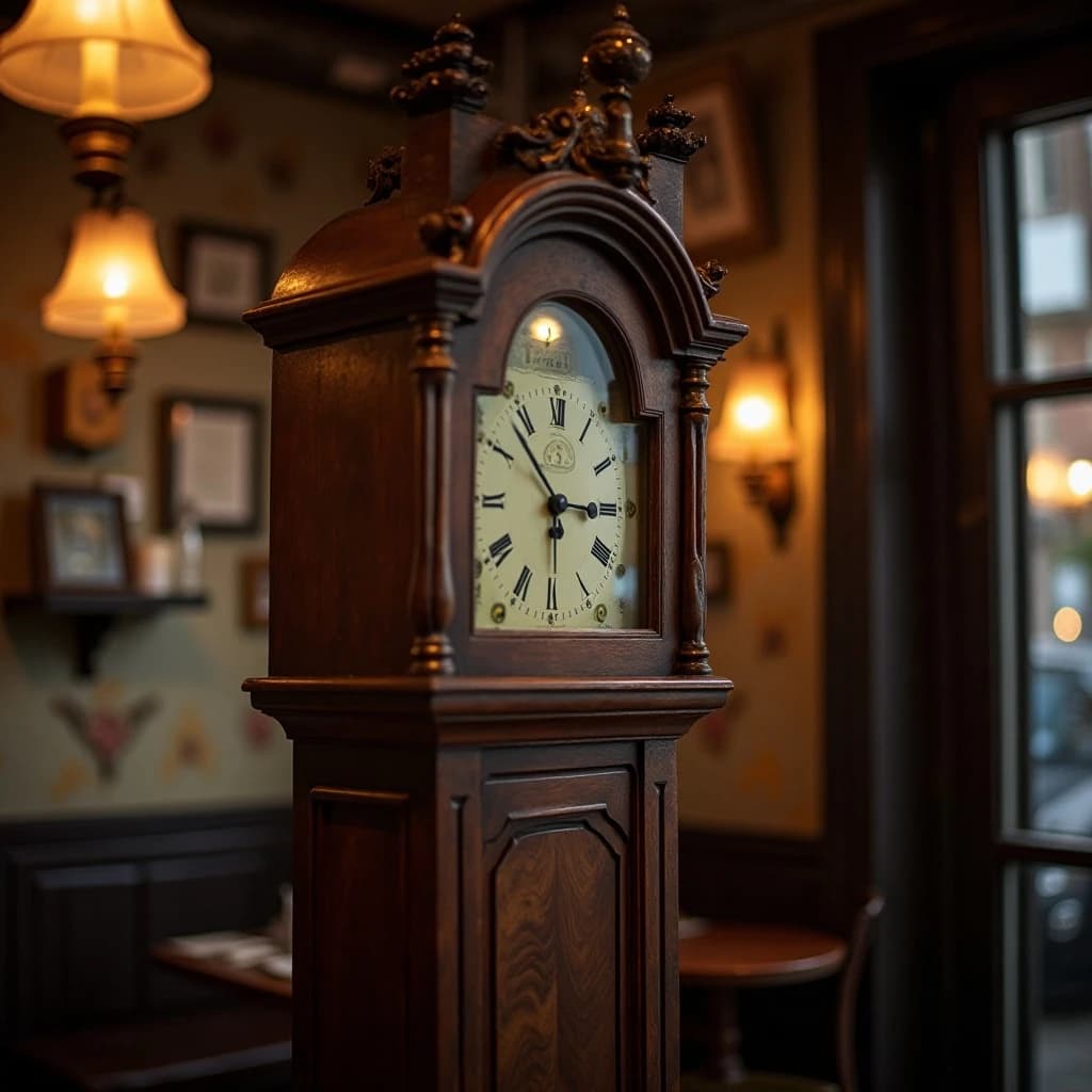 135mm f/1.8 close-up framing of a grandfather clock inside a cozy cafe, lit by bounced light, gentle vignetting, large-format look