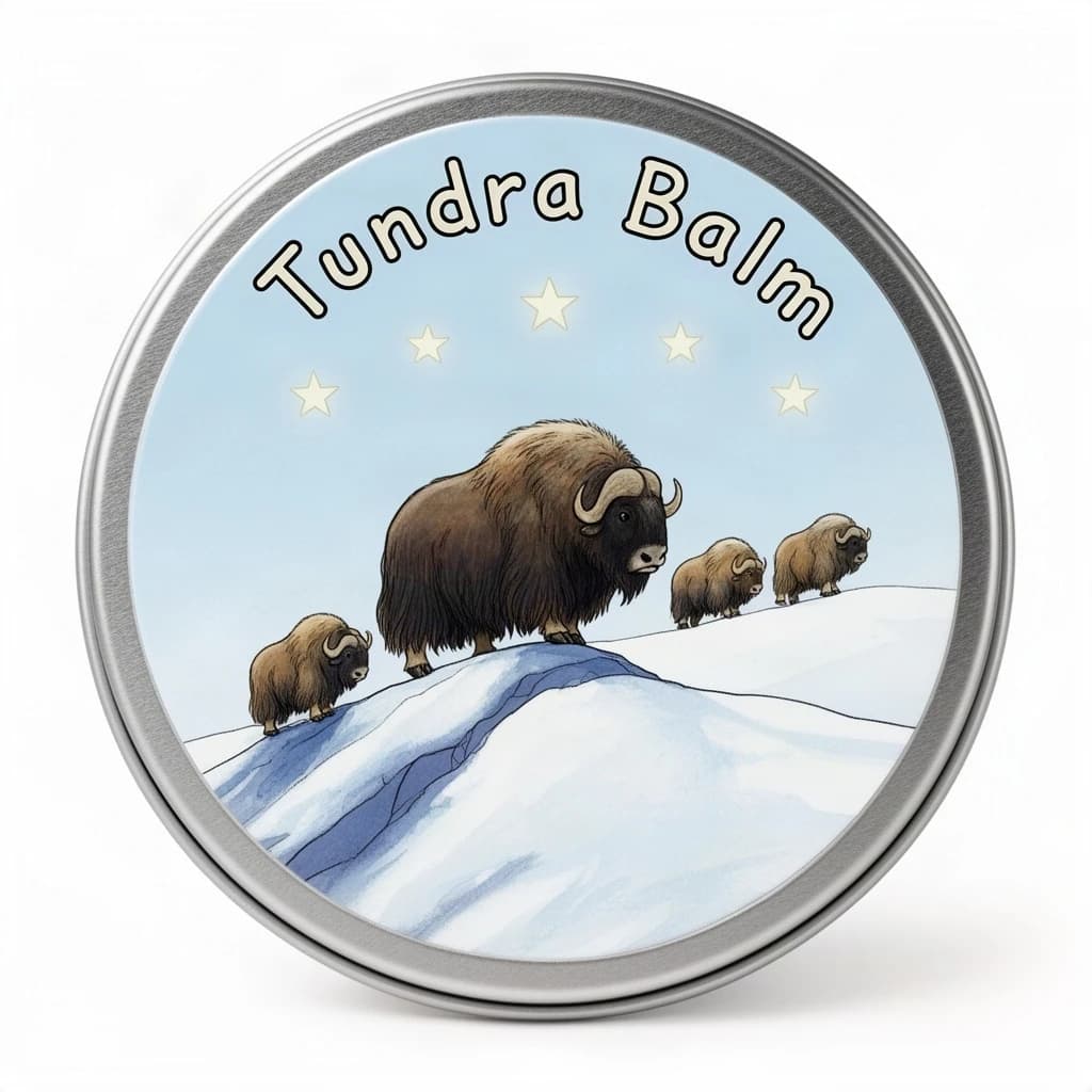 Children's illustration for a balm tin lid: a shaggy musk ox on a snowy ridge with three smaller ones following behind in a line, four pale stars in the sky above, and "Tundra Balm" curved along the top edge in rounded lettering.